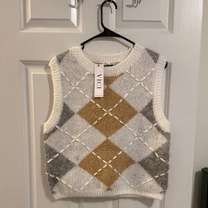 Vici Argyle Knit Sweater Vest - White, Gray, and Brown